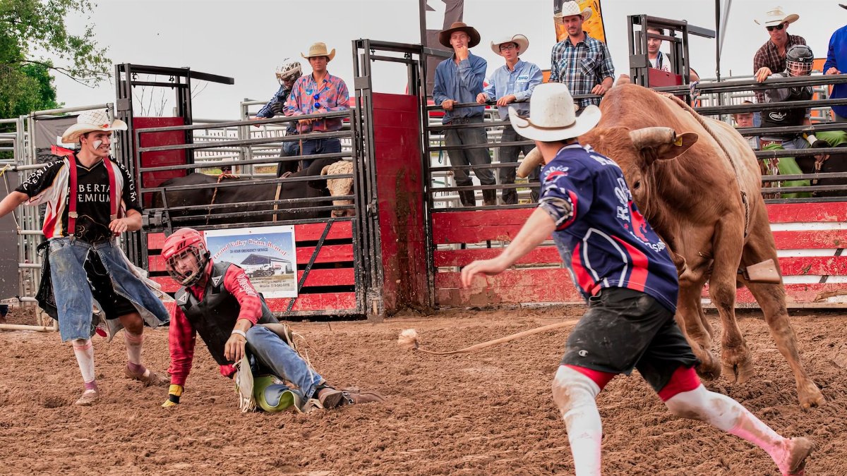 Dynamic rodeo scene with bull riders and clowns in action, capturing the excitement of the event.