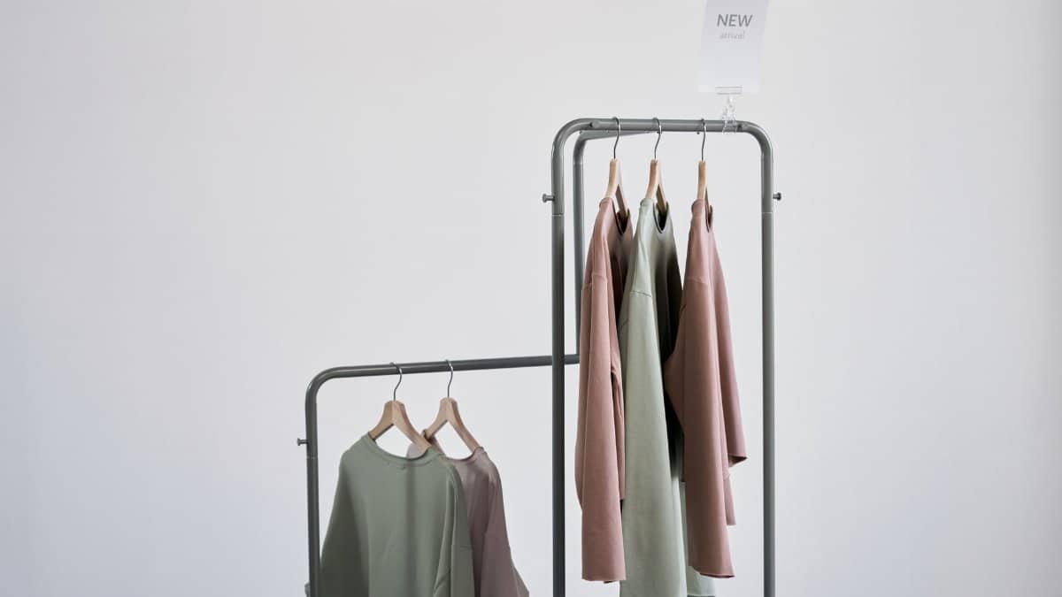 Elegant clothing rack showcasing new arrival blouses in a minimalist setting.