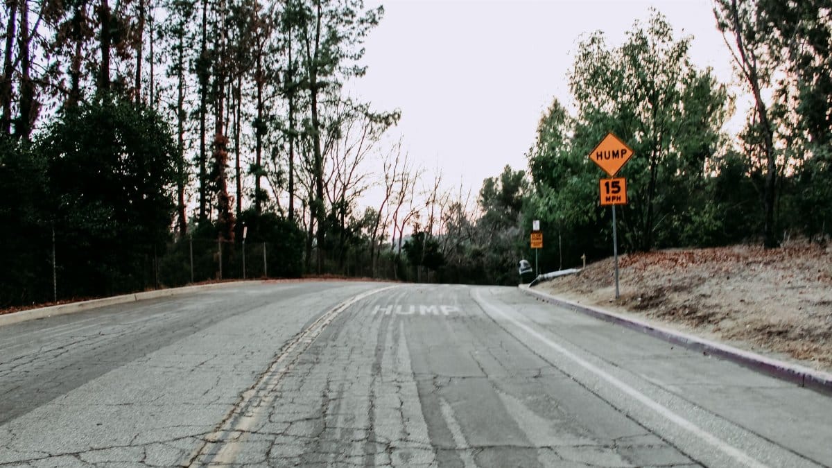 Winding road with a speed hump sign surrounded by trees, depicting a tranquil outdoor scene.