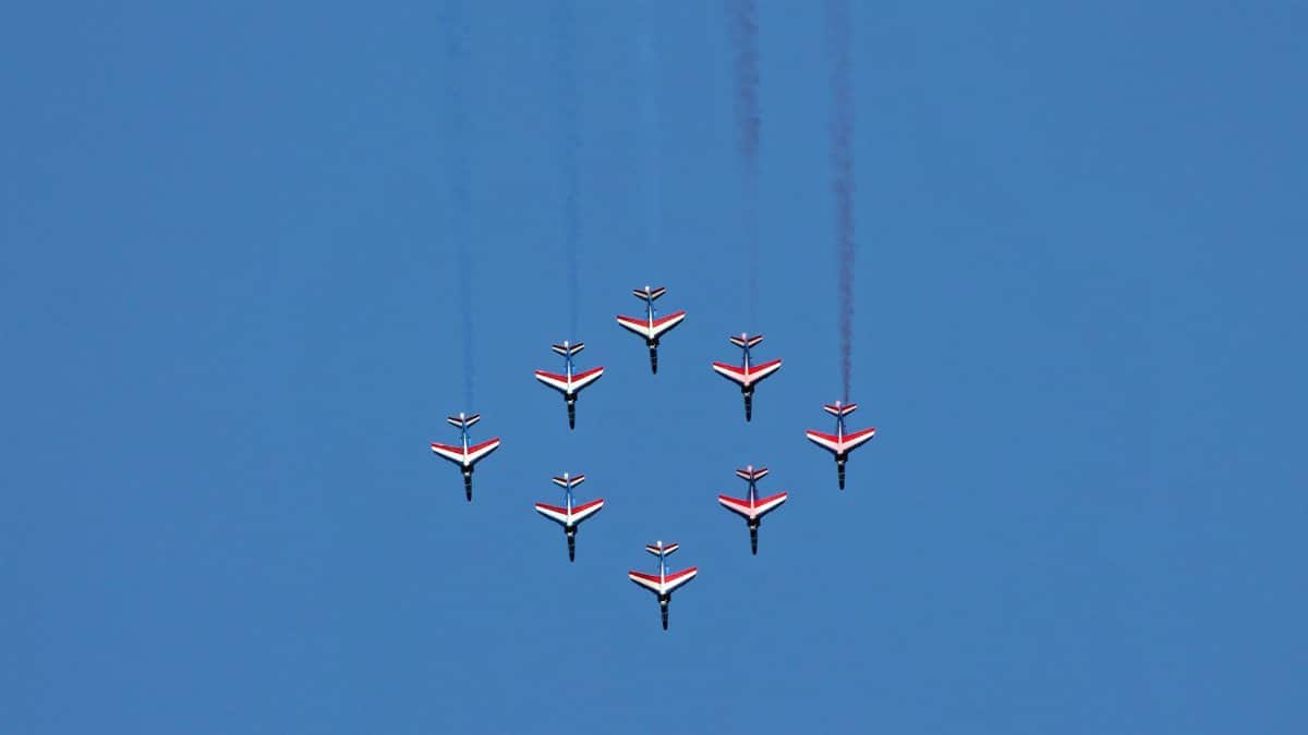 Aerial shot of aerobatic team performing in clear blue sky.