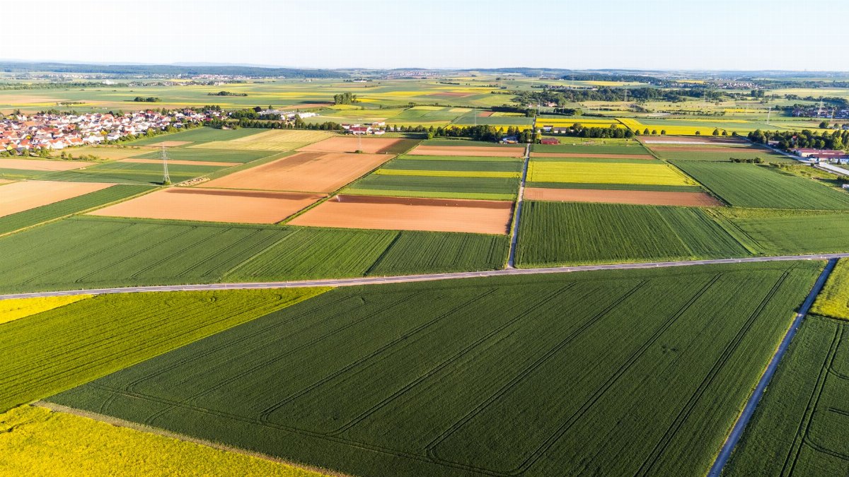 Stunning aerial view of vibrant patchwork agricultural fields and a distant village.