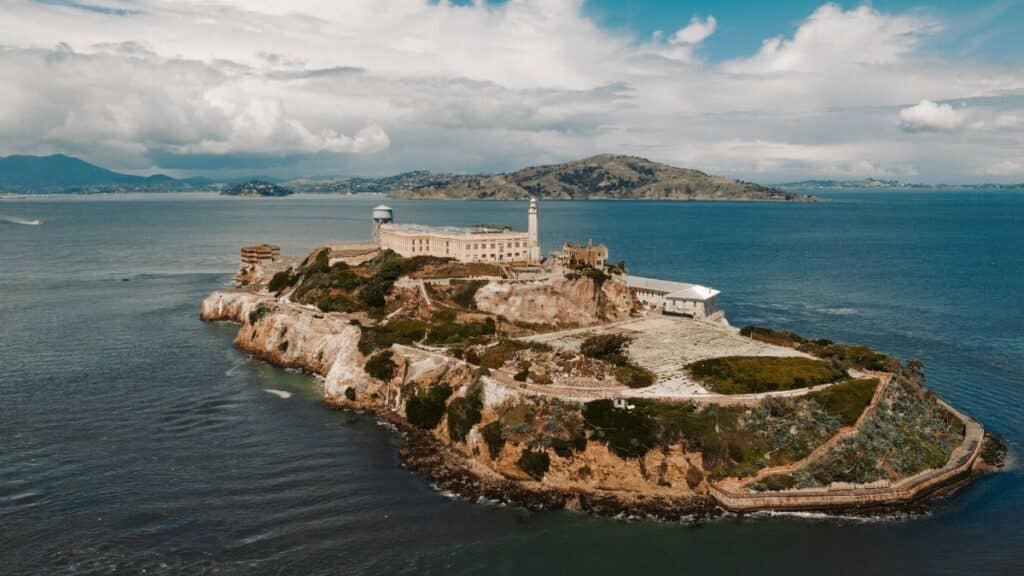 Aerial image of Alcatraz Island showcasing the historic prison and surrounding ocean view.