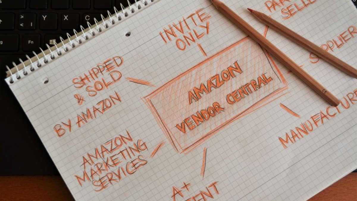 Notebook with Amazon Vendor Central planning and strategy notes with pencils.