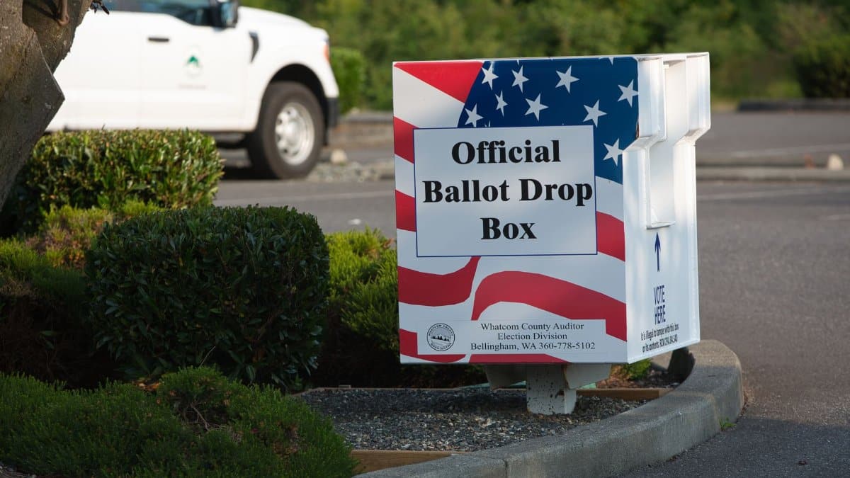 Official ballot drop box for elections in Ferndale, WA, highlighting civic participation.