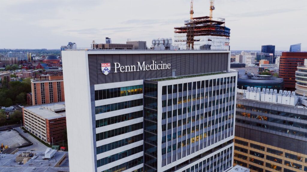 Aerial shot of Penn Medicine building in Philadelphia showcasing urban architecture.