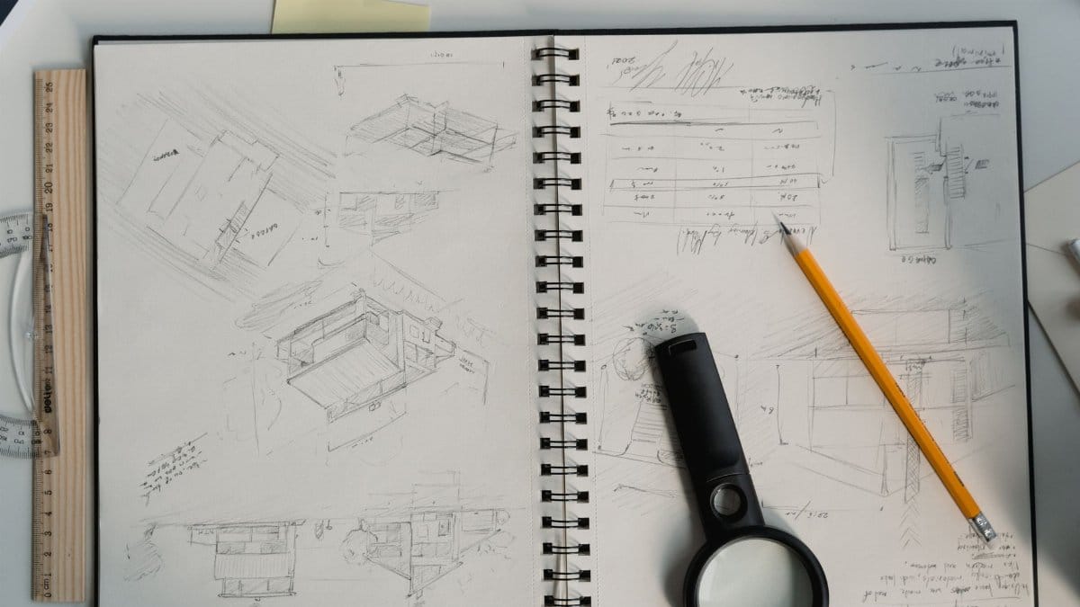 Detailed architectural sketches with drawing tools on a desk, perfect for design projects.