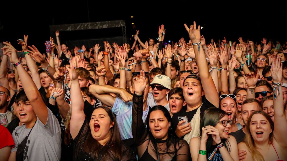 Lively audience with raised arms and cheerful expressions at an outdoor music concert at night.