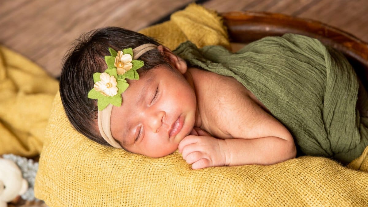 Charming photo of a newborn baby peacefully sleeping with a floral headband. Perfect for baby-related content.