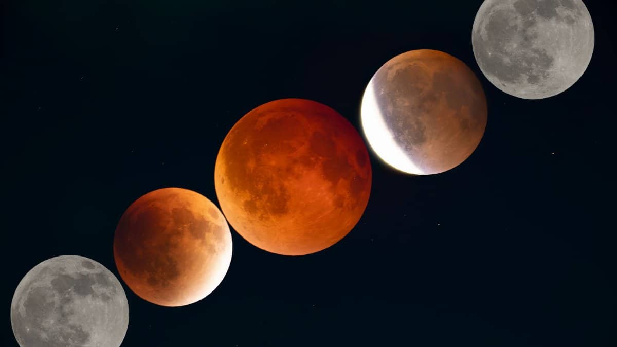 Capture of the moon's phases during a lunar eclipse against a dark night sky.