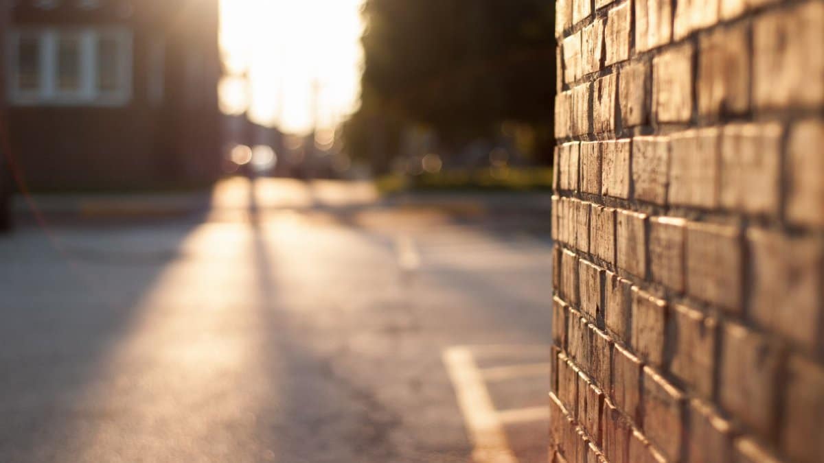 Close-up of a sunlit brick wall with blurred urban street in the background at sunset.