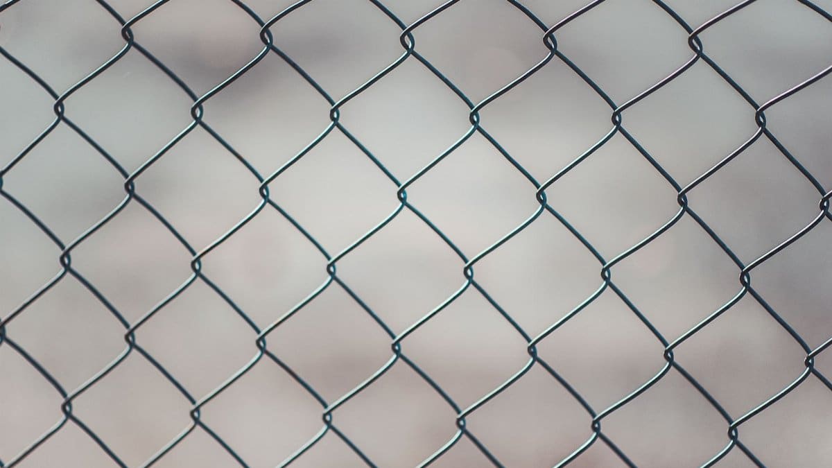 Detailed closeup of a metal chain-link fence with a blurred neutral background, perfect for textures and overlays.