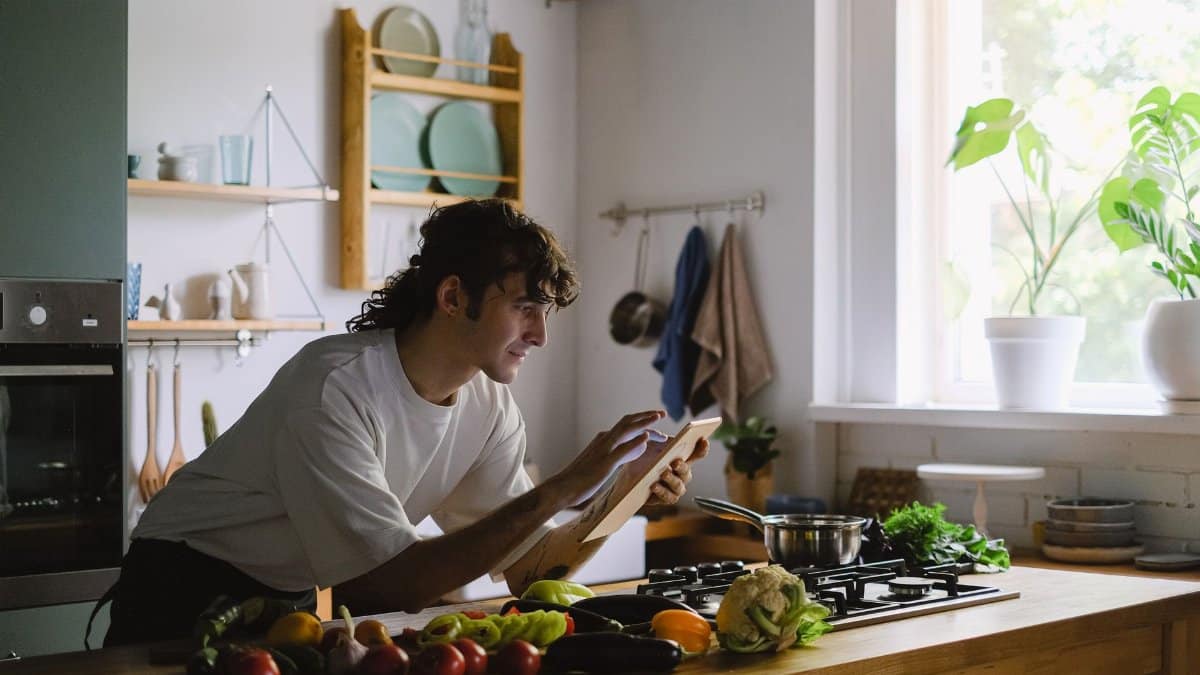 Man preparing food in the kitchen using a tablet for recipe guidance. Vibrant and modern setting.