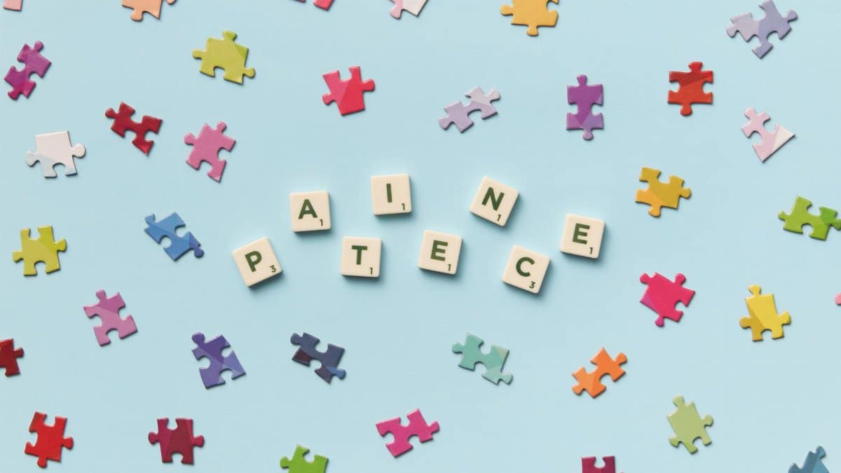 Scattered jigsaw puzzle pieces and Scrabble letters spelling 'PATIECE' on a light blue background.