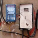 Electrical meters attached to a graffiti-covered wall showcasing utility infrastructure.