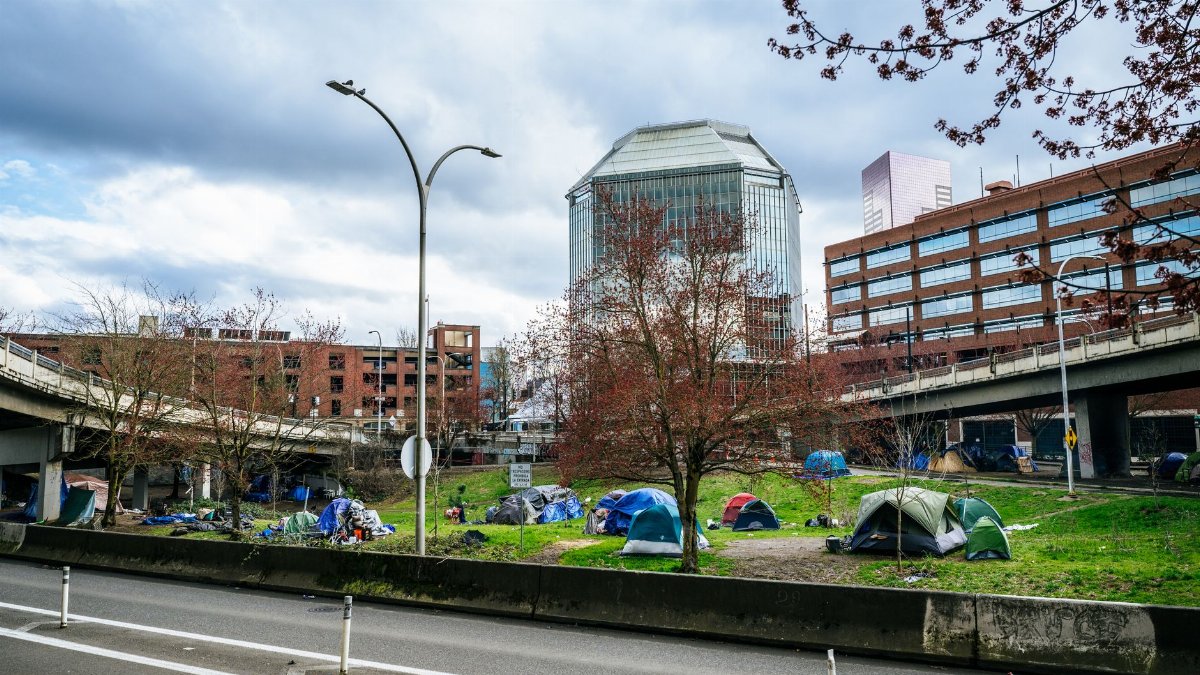Colorful tents set up in a green area of downtown Portland, Oregon, highlight urban social issues.