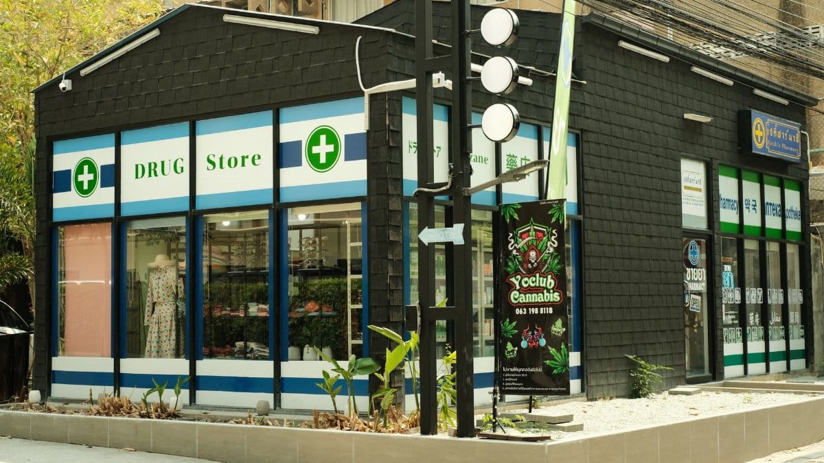 Modern urban drug store with cannabis signage and green exterior plant decor.