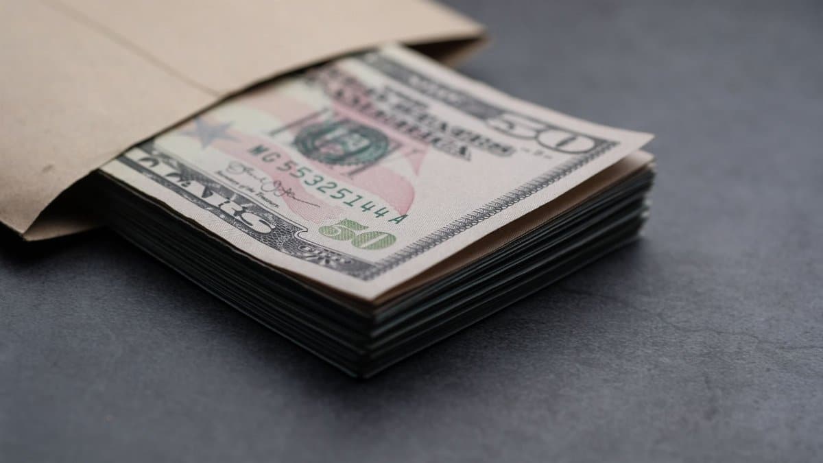 Close-up of US fifty dollar bills partially enclosed in a brown envelope, symbolizing finances.