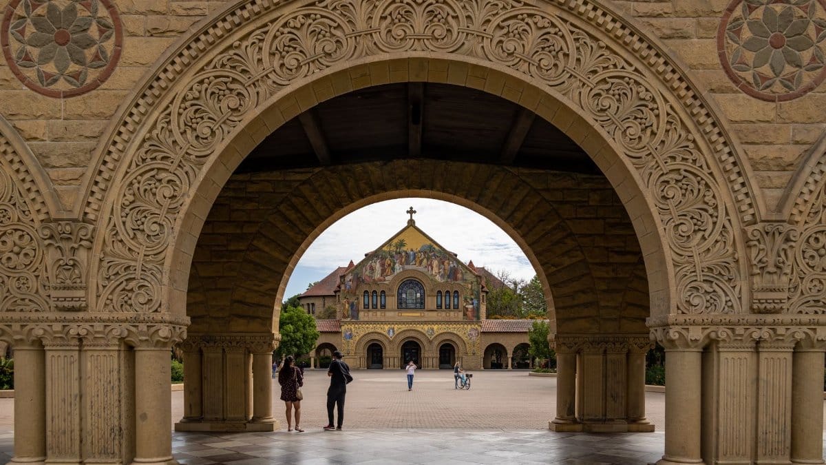 Intricate arches framing Stanford Memorial Church at Stanford University, California.