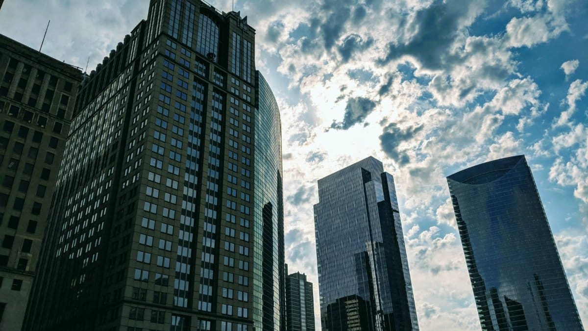 Stunning view of Chicago skyline with modern skyscrapers under a dramatic sky. Perfect urban architectural shot.