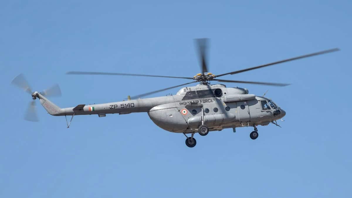 Indian Air Force Mi-17 helicopter flying over Bengaluru, India.