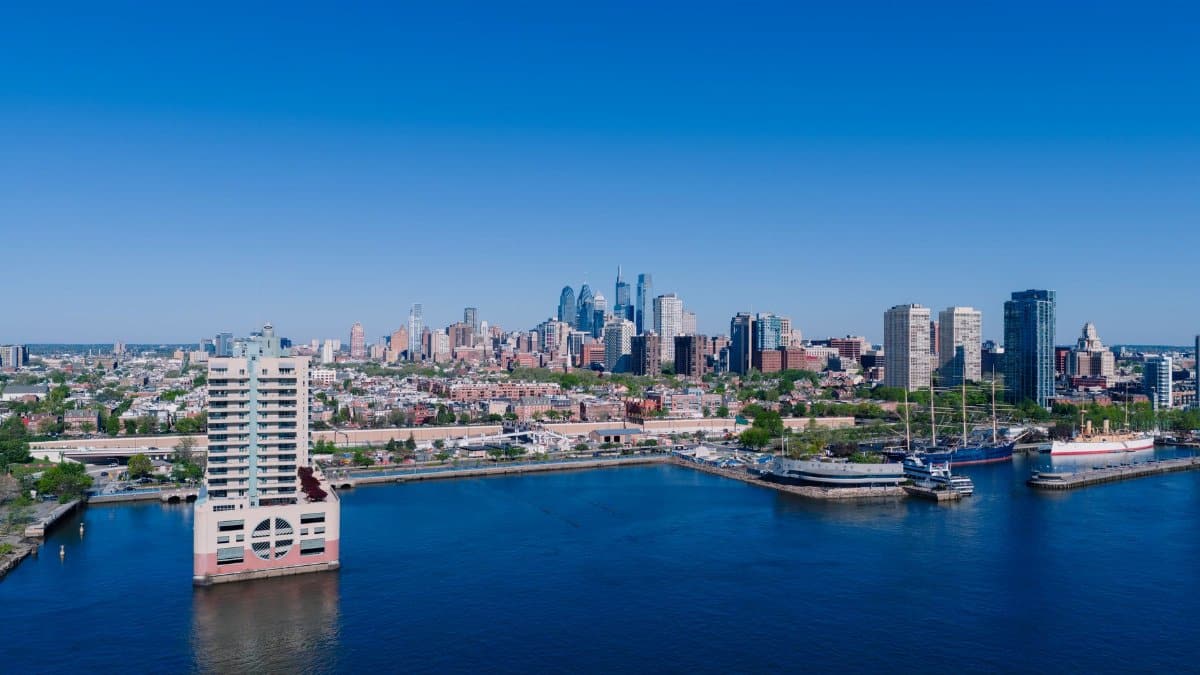 Stunning aerial view of Philadelphia's skyline and waterfront on a clear day.