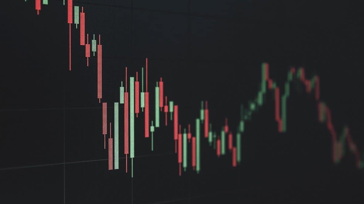 Stock market data chart showing trends in red and green. Perfect for financial and business themes.