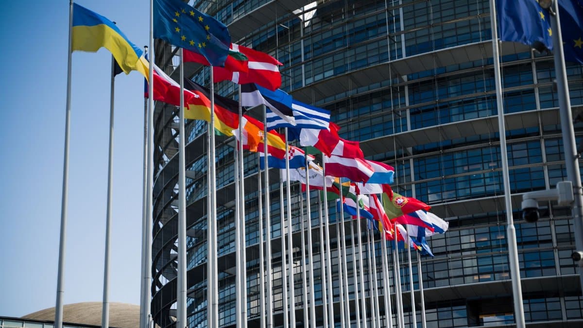 Flags of European Union countries outside a modern building facade.