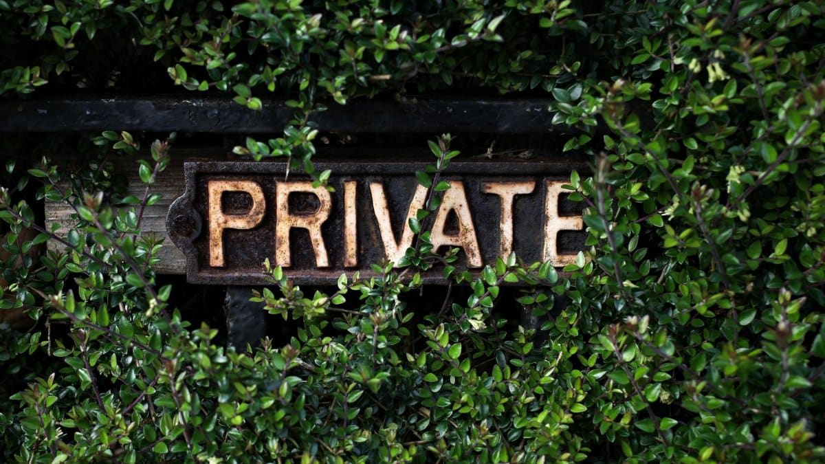 A rustic 'Private' sign nestled within lush green foliage, suggesting seclusion.
