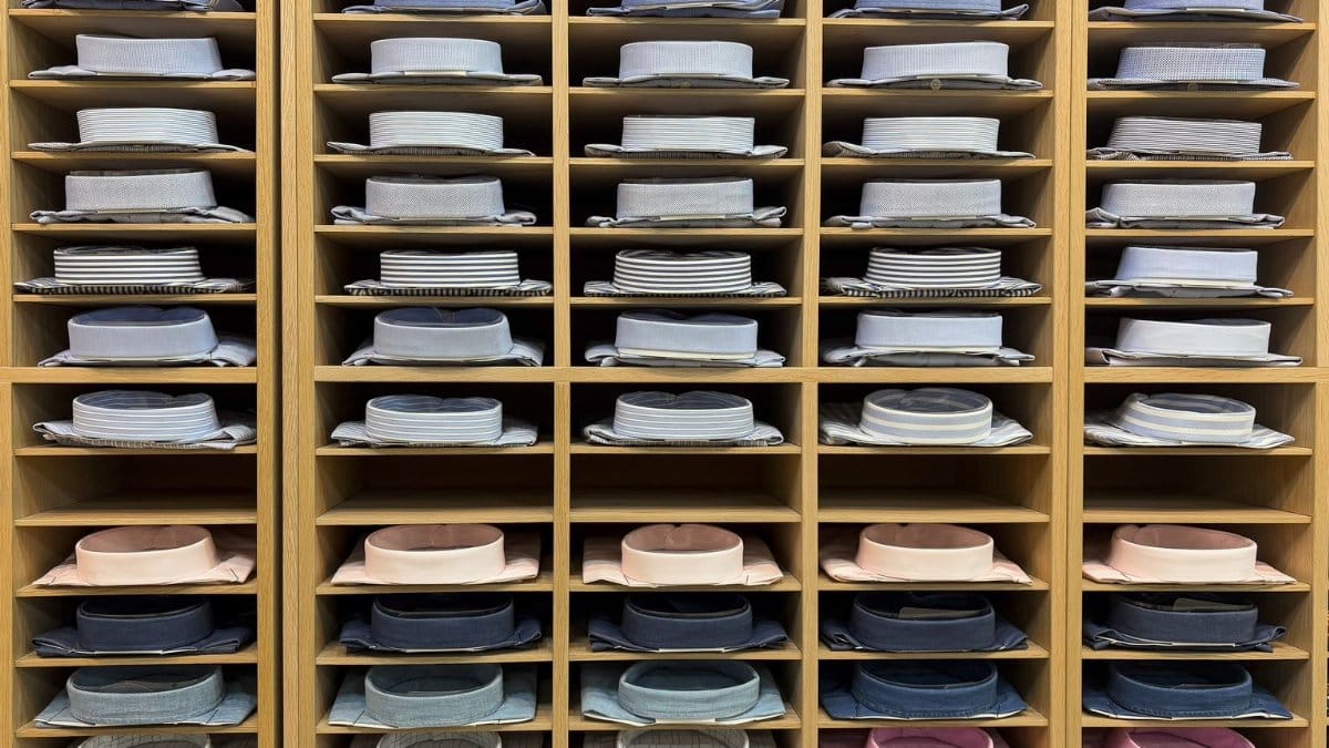 Neatly stacked dress shirts in various colors and patterns on wooden shelves.