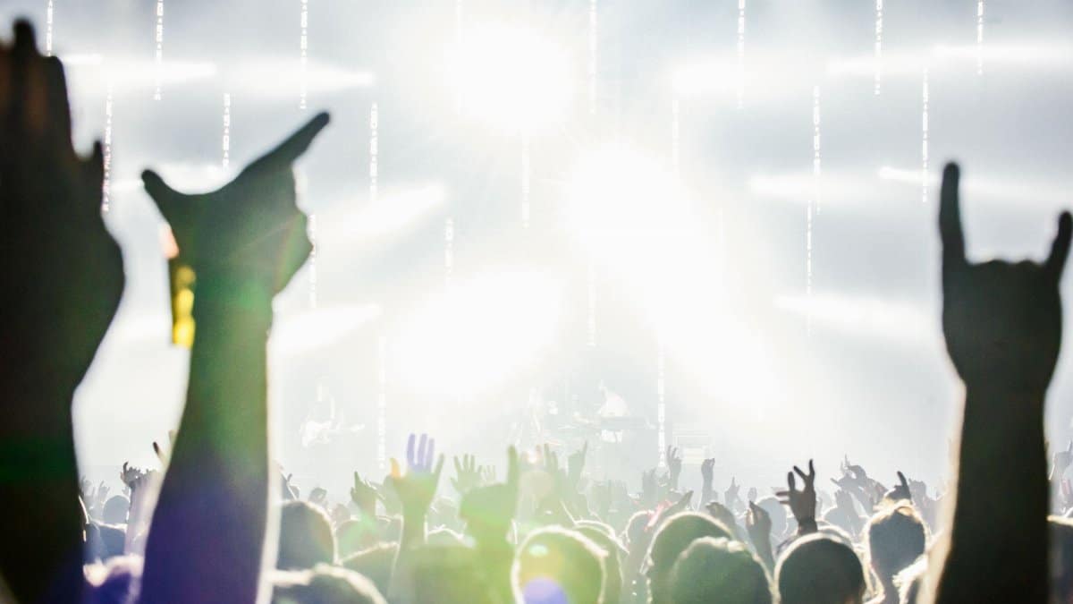 Dynamic crowd at a live concert with hands raised, celebrating music and energy.