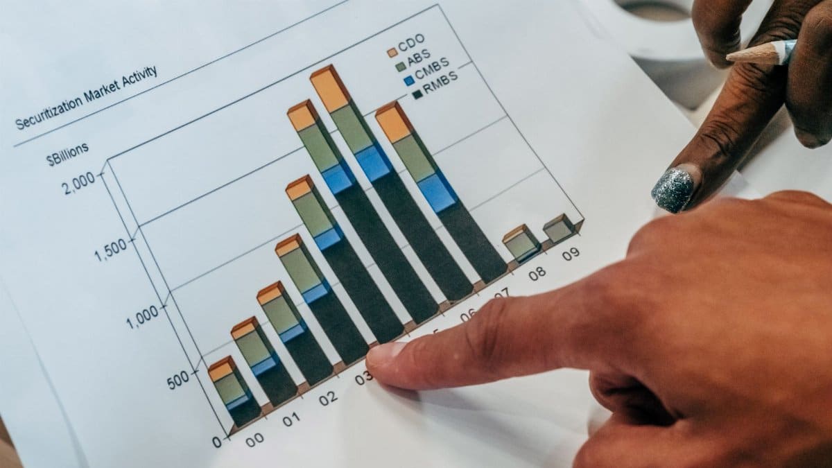 Close-up of hands pointing at a financial market activity chart, analyzing trends in securitization.