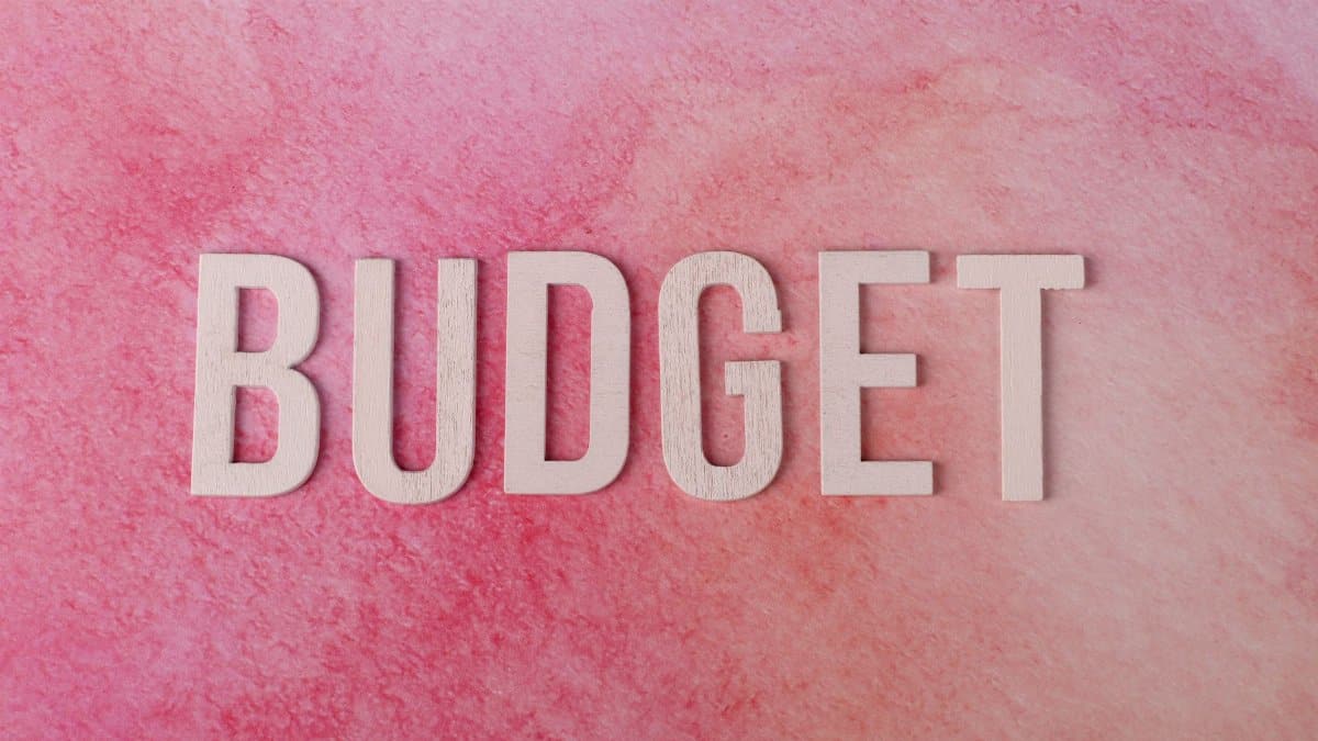 The word 'BUDGET' on a pink textured background emphasizes financial planning.