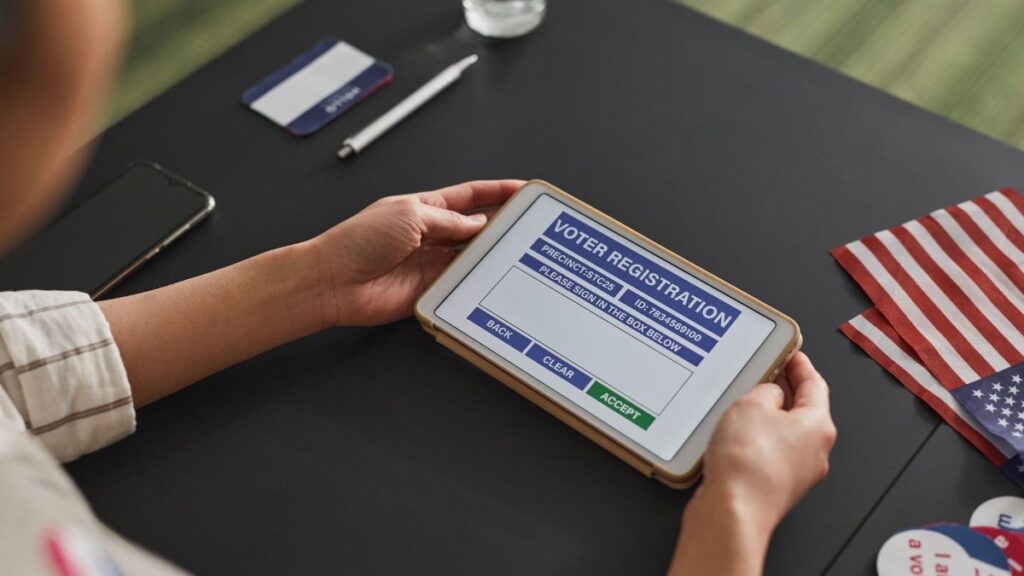 A person using a tablet for voter registration, highlighting digital voting processes.