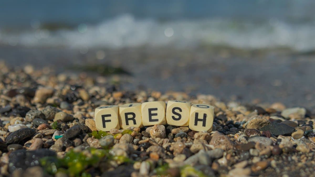 A close-up of a pebble beach with the word 'FRESH' spelled out in wooden blocks.