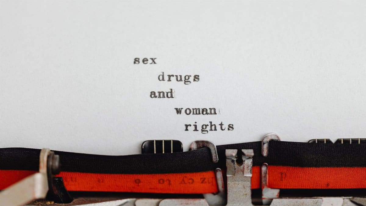 Close-up of a typewriter typing on women's rights and more.