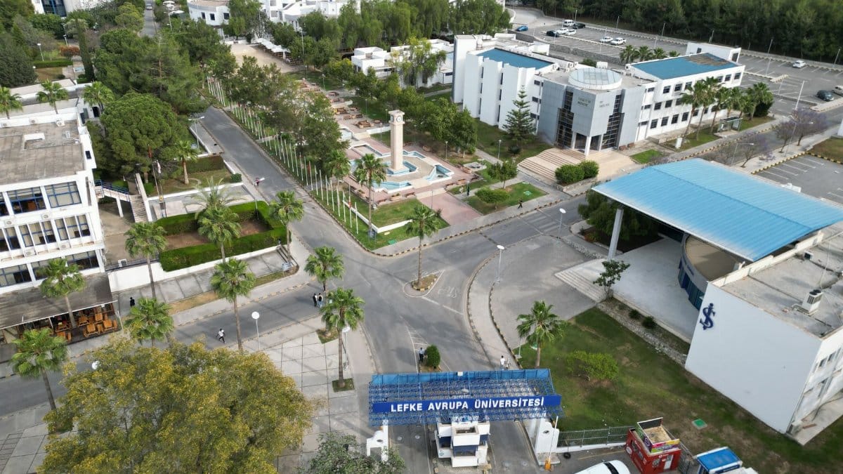 Aerial view of Lefke European University campus showcasing buildings and greenery.