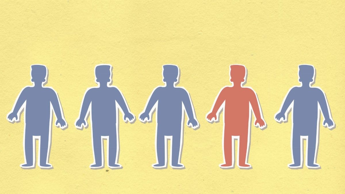 Decorative cardboard illustration of blue and red figures in row representing health and illness concept on yellow background