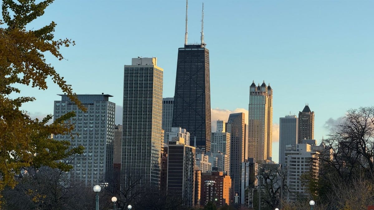 Breathtaking view of Chicago skyline featuring iconic skyscrapers during golden hour with autumn trees.