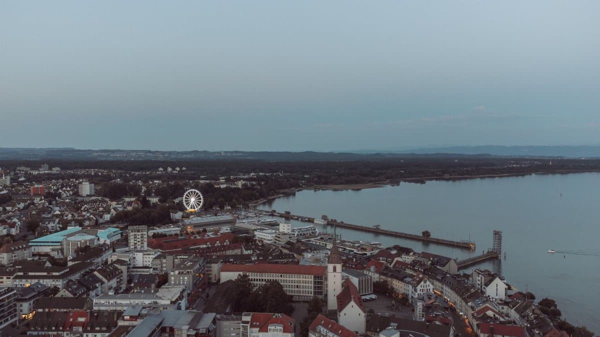 Scenic aerial view of Friedrichshafen city with Lake Constance in the early morning light.