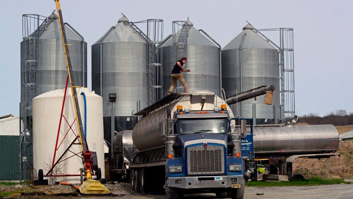 A worker loads a fuel truck in front of large industrial silos outdoors.