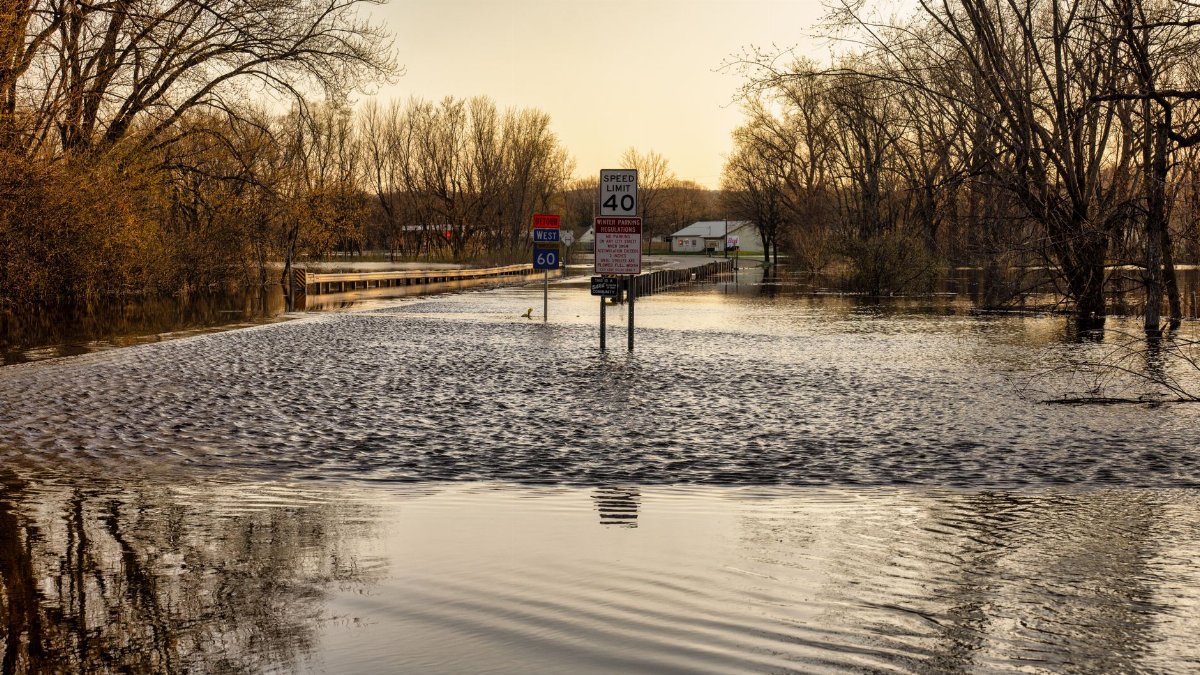 A rural road in Wabasha, MN flooded by rising river waters, with road signs partially submerged.