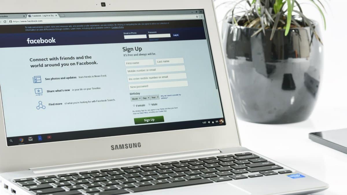 Open Samsung laptop showing Facebook sign-up page next to a potted plant. Ideal for technology themes.