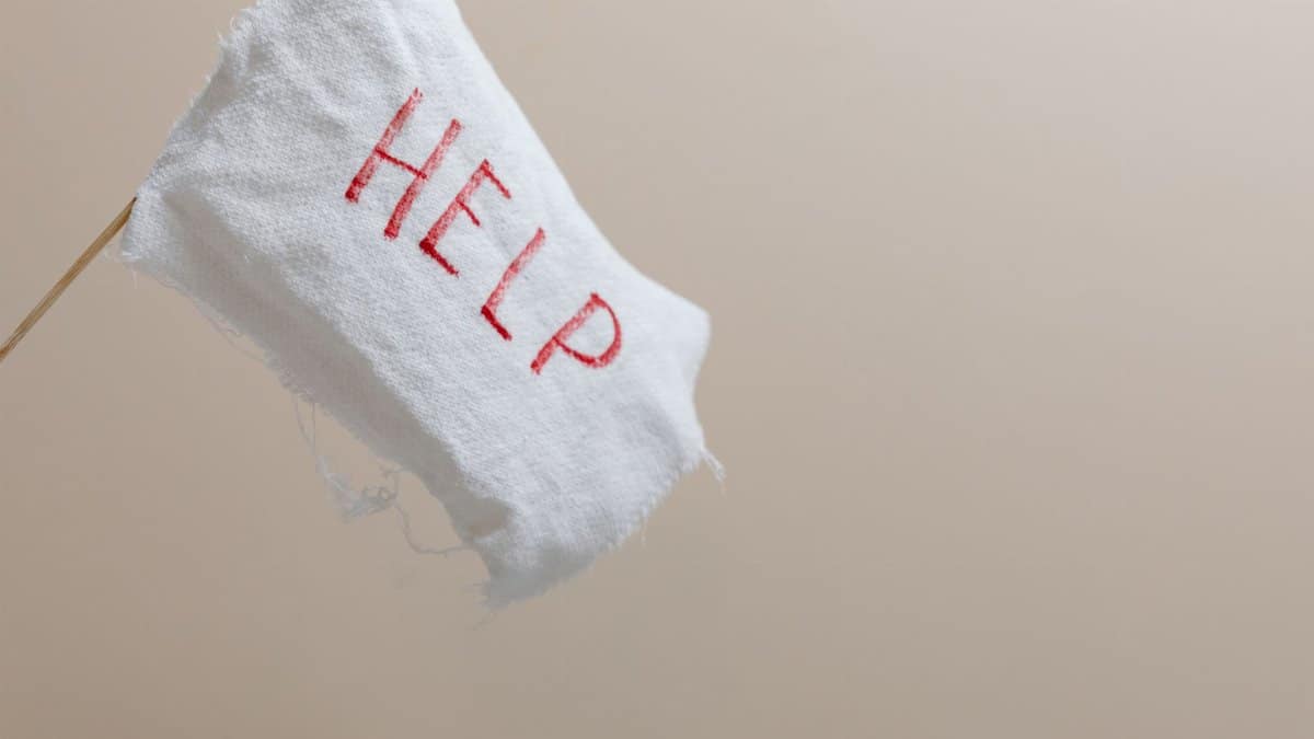 A white flag with 'HELP' displayed on a beige background, symbolic of seeking assistance.