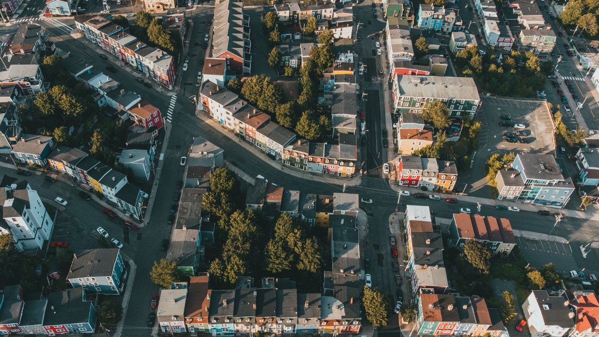 Colorful cityscape from above showcasing vibrant urban environment with colorful buildings and streets.