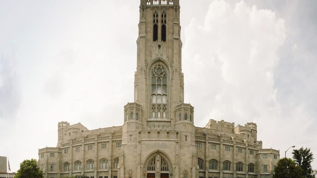 A majestic view of the Scottish Rite Cathedral, a historic landmark in Indianapolis, Indiana.