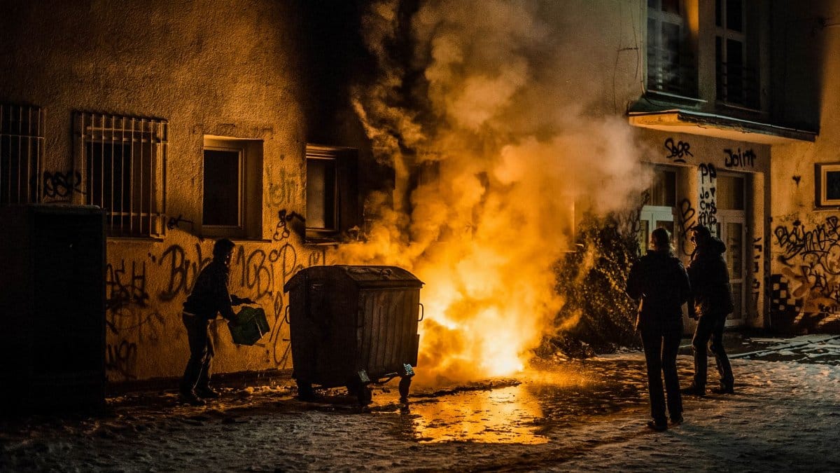 A dramatic urban night scene capturing people near a dumpster fire with graffiti-covered walls.