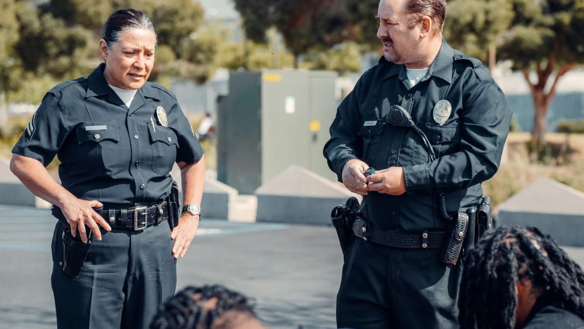 Two police officers interact with citizens during a community patrol outdoors.