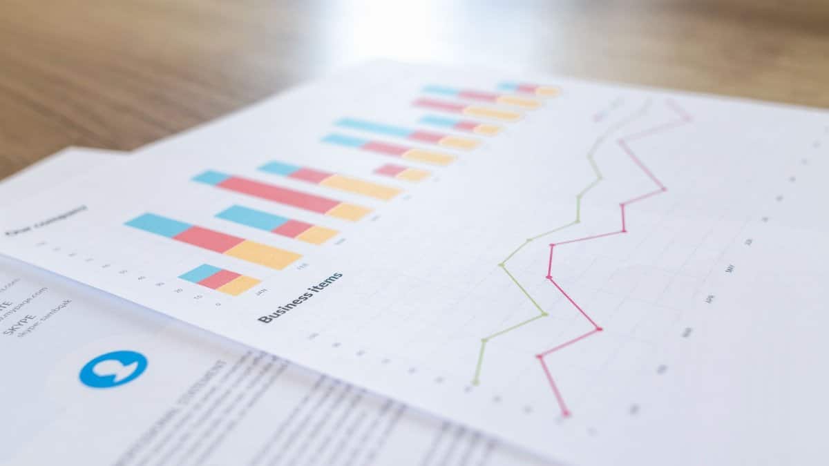 A close-up view of a business document with charts and graphs on a wooden desk.