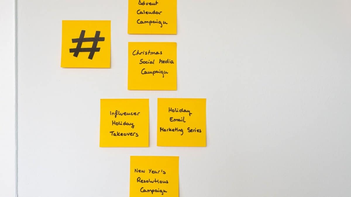 Organized yellow sticky notes on a white wall for holiday marketing strategies.