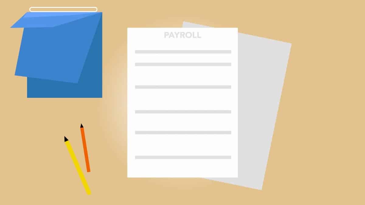Vector illustration of payroll documents placed on beige desk near pencils and blue black calendar